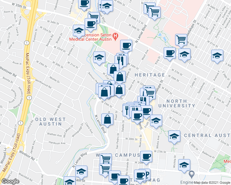 map of restaurants, bars, coffee shops, grocery stores, and more near in Austin