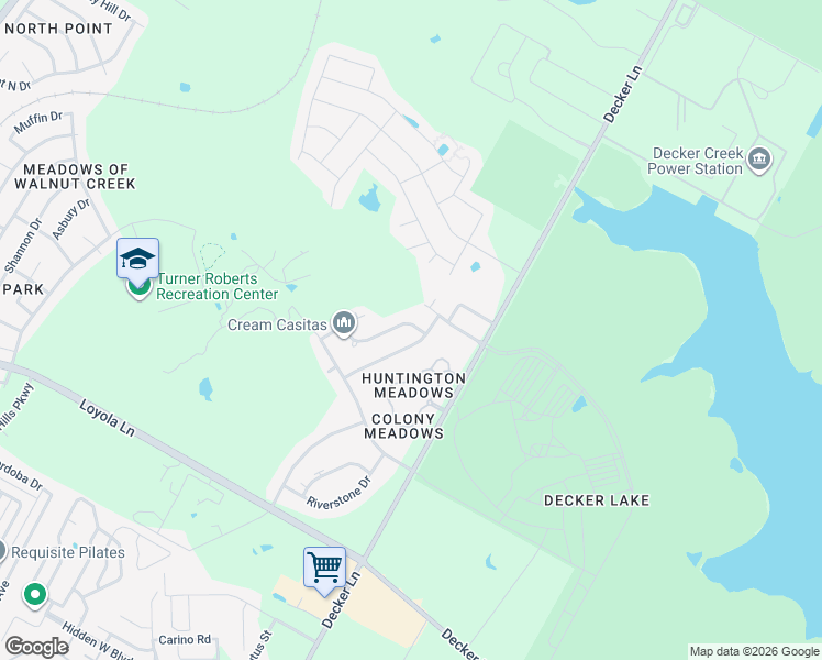 map of restaurants, bars, coffee shops, grocery stores, and more near 7205 East Meadow Bend Drive in Austin