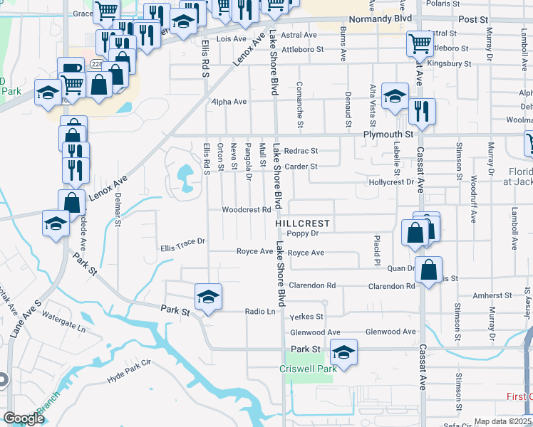 map of restaurants, bars, coffee shops, grocery stores, and more near 1318 Lake Shore Boulevard in Jacksonville