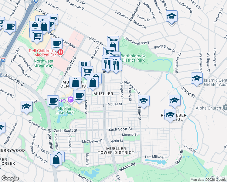 map of restaurants, bars, coffee shops, grocery stores, and more near 2308 Robert Browning Street in Austin