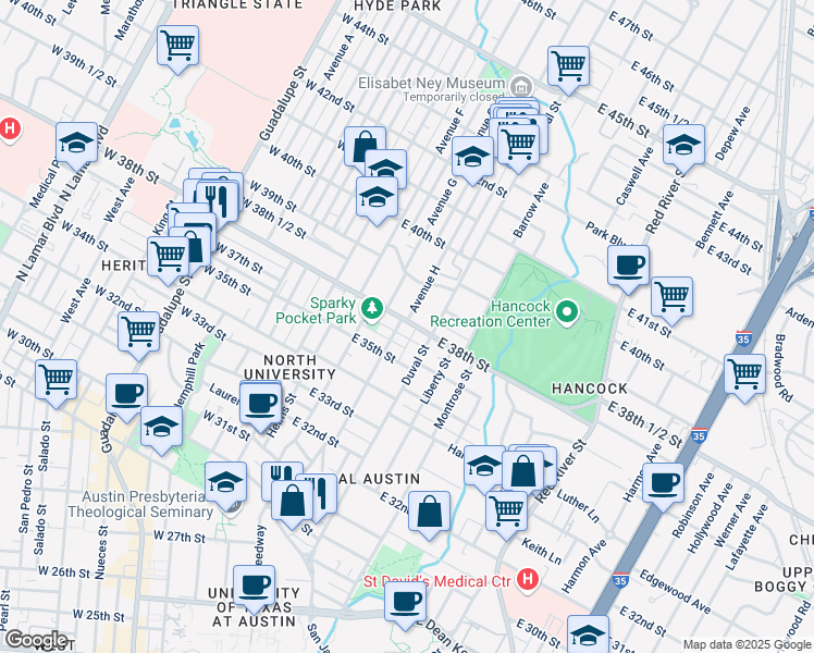 map of restaurants, bars, coffee shops, grocery stores, and more near 3707 Tom Green Street in Austin