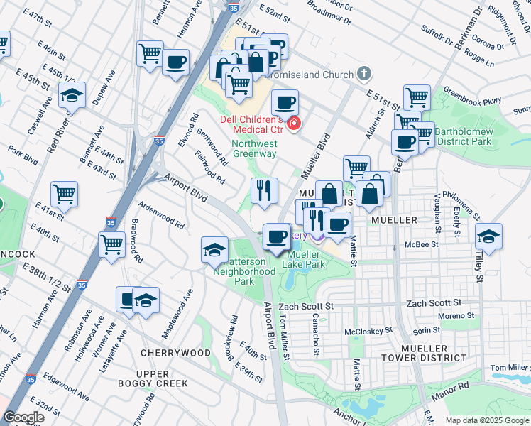map of restaurants, bars, coffee shops, grocery stores, and more near 4600 Mueller Boulevard in Austin