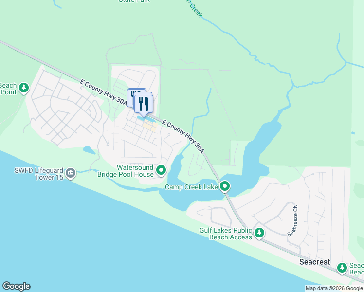 map of restaurants, bars, coffee shops, grocery stores, and more near 52 Creek Bridge Way in Panama City Beach