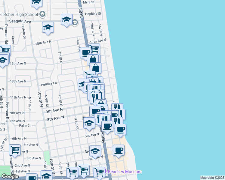map of restaurants, bars, coffee shops, grocery stores, and more near 1003 1st Street North in Jacksonville Beach
