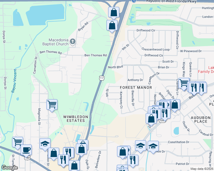 map of restaurants, bars, coffee shops, grocery stores, and more near 221 Darwin Drive in Slidell