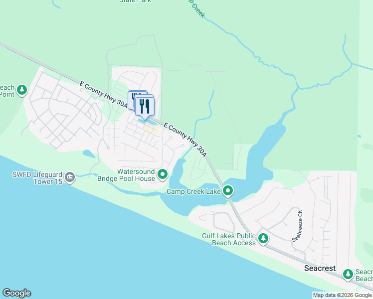 map of restaurants, bars, coffee shops, grocery stores, and more near 52 Creek Bridge Way in Panama City Beach