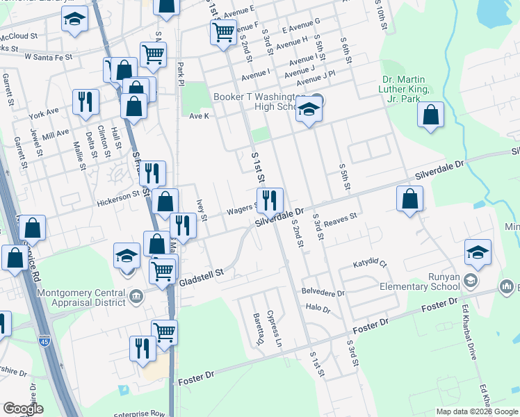 map of restaurants, bars, coffee shops, grocery stores, and more near 406 Silverdale Drive in Conroe