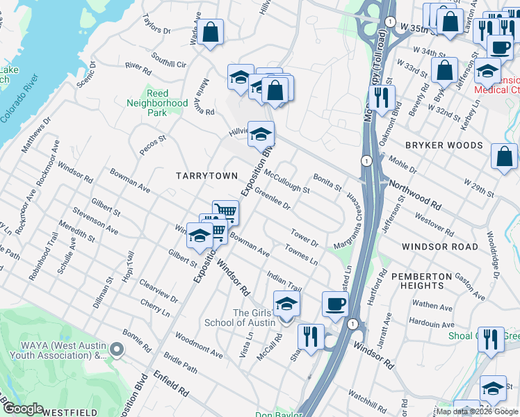 map of restaurants, bars, coffee shops, grocery stores, and more near 2521 Spring Lane in Austin