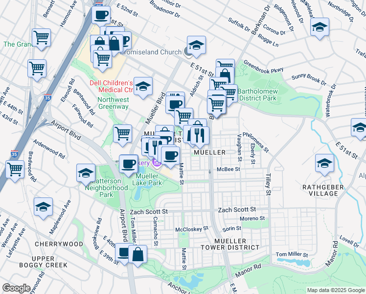 map of restaurants, bars, coffee shops, grocery stores, and more near 2009 Robert Browning Street in Austin