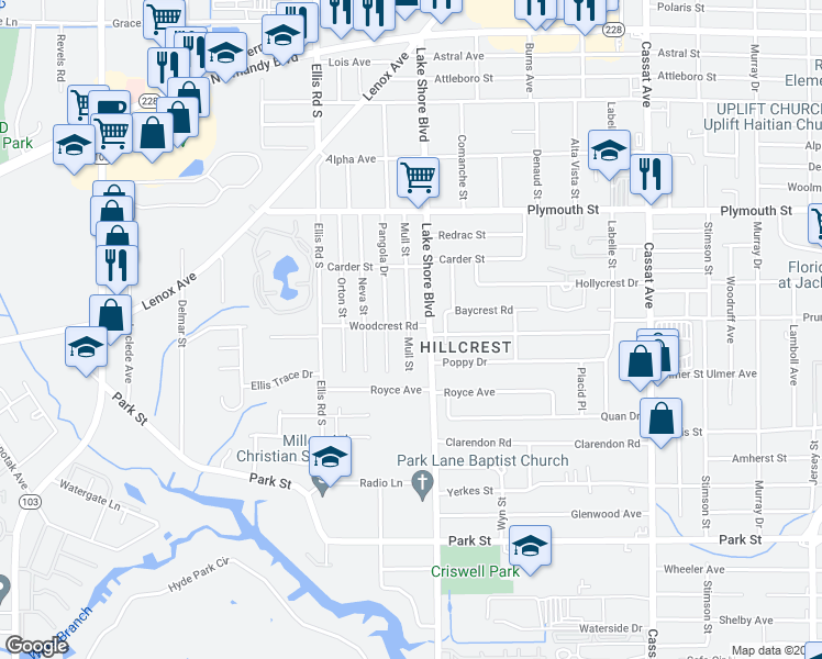 map of restaurants, bars, coffee shops, grocery stores, and more near 1318 Lake Shore Boulevard in Jacksonville