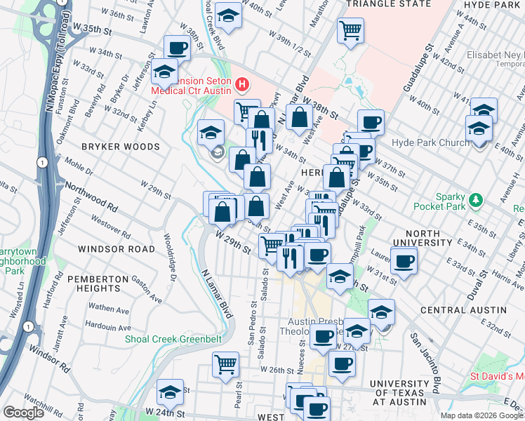 map of restaurants, bars, coffee shops, grocery stores, and more near 3007 West Avenue in Austin