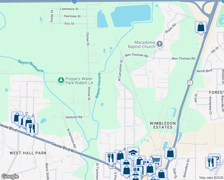 map of restaurants, bars, coffee shops, grocery stores, and more near 205 North Pine Street in Slidell