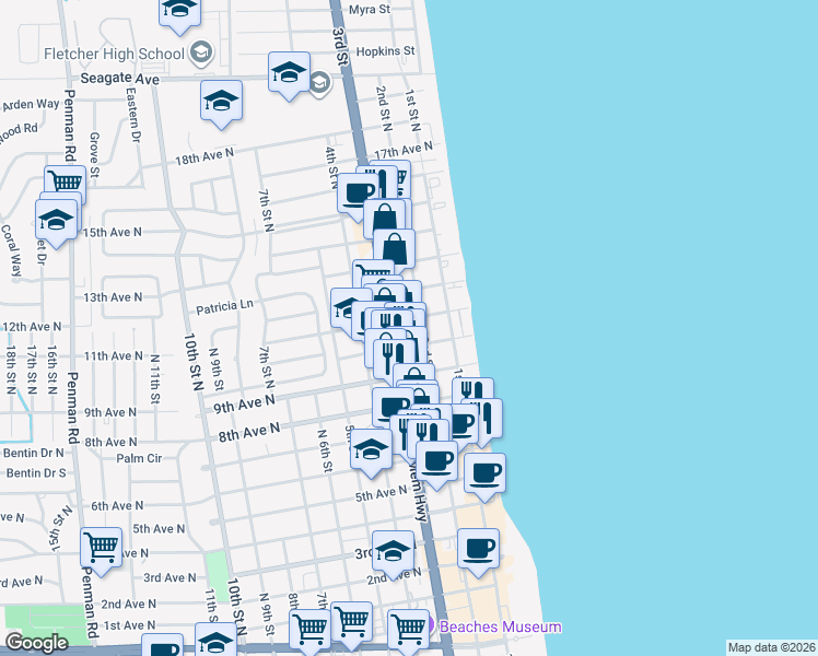 map of restaurants, bars, coffee shops, grocery stores, and more near 101 10th Avenue North in Jacksonville Beach