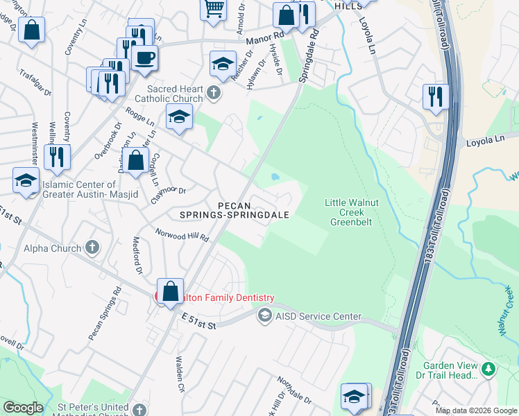 map of restaurants, bars, coffee shops, grocery stores, and more near 5605 Springdale Road in Austin
