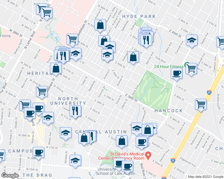 map of restaurants, bars, coffee shops, grocery stores, and more near 3707 Tom Green Street in Austin