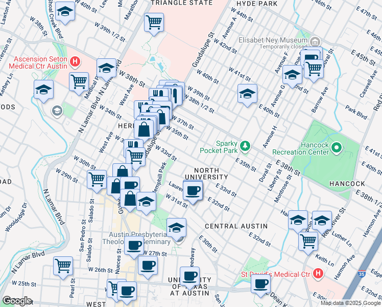 map of restaurants, bars, coffee shops, grocery stores, and more near 202 West 33rd Street in Austin