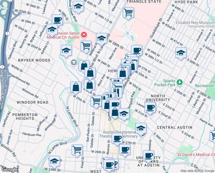 map of restaurants, bars, coffee shops, grocery stores, and more near 3015 Washington Square in Austin