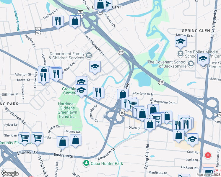map of restaurants, bars, coffee shops, grocery stores, and more near 2600 Art Museum Drive in Jacksonville
