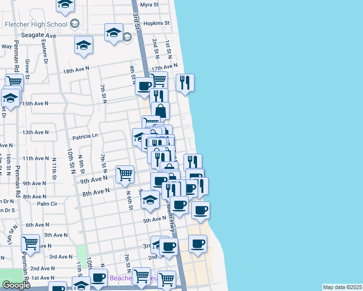 map of restaurants, bars, coffee shops, grocery stores, and more near 1003 1st Street North in Jacksonville Beach