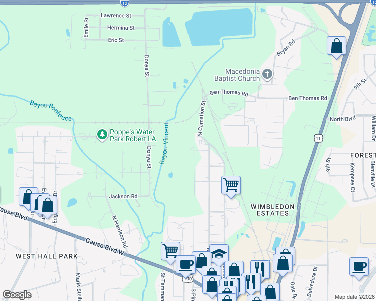 map of restaurants, bars, coffee shops, grocery stores, and more near 205 North Pine Street in Slidell