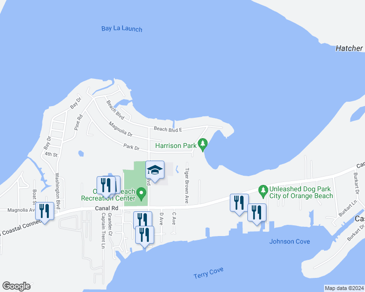 map of restaurants, bars, coffee shops, grocery stores, and more near 27523 Park Drive in Orange Beach