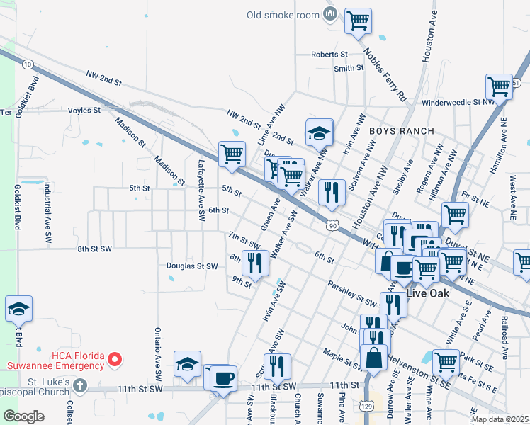 map of restaurants, bars, coffee shops, grocery stores, and more near 6th Street in Live Oak