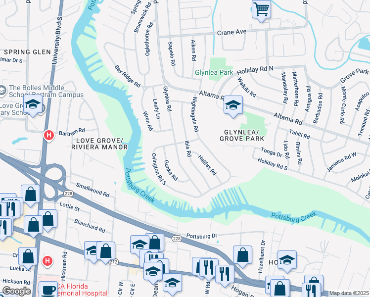 map of restaurants, bars, coffee shops, grocery stores, and more near 1039 Glynlea Road in Jacksonville