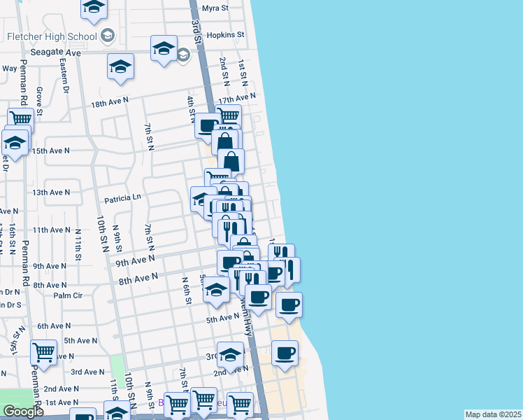 map of restaurants, bars, coffee shops, grocery stores, and more near 102 10th Avenue North in Jacksonville Beach