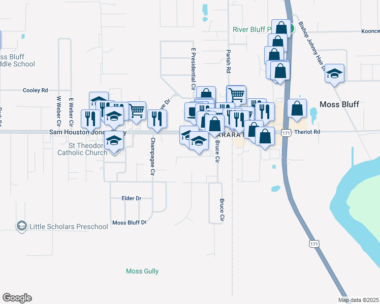 map of restaurants, bars, coffee shops, grocery stores, and more near 215 School Street in Moss Bluff