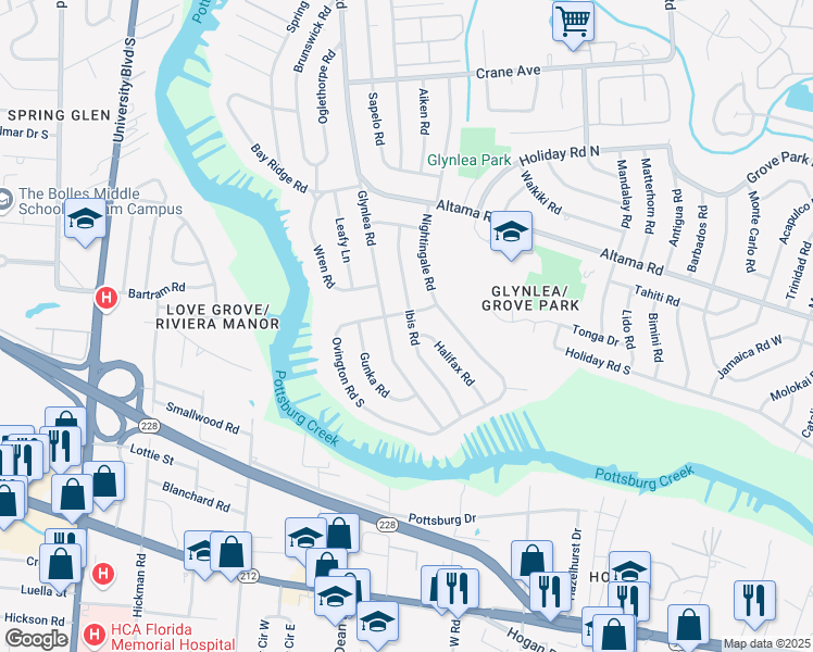 map of restaurants, bars, coffee shops, grocery stores, and more near 1039 Glynlea Road in Jacksonville