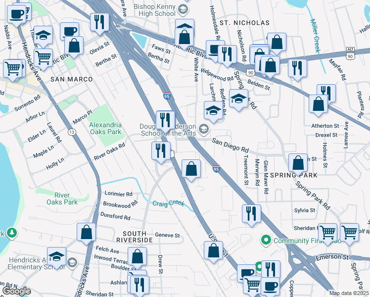 map of restaurants, bars, coffee shops, grocery stores, and more near 2230 Westmont Street in Jacksonville