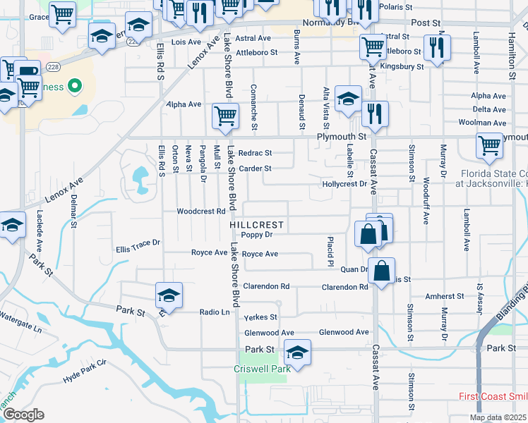 map of restaurants, bars, coffee shops, grocery stores, and more near 5324 Woodcrest Road in Jacksonville