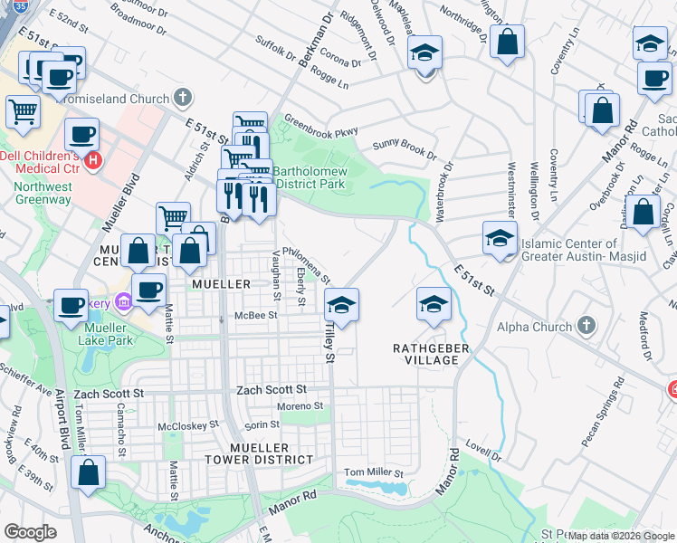 map of restaurants, bars, coffee shops, grocery stores, and more near 2724 Philomena Street in Austin