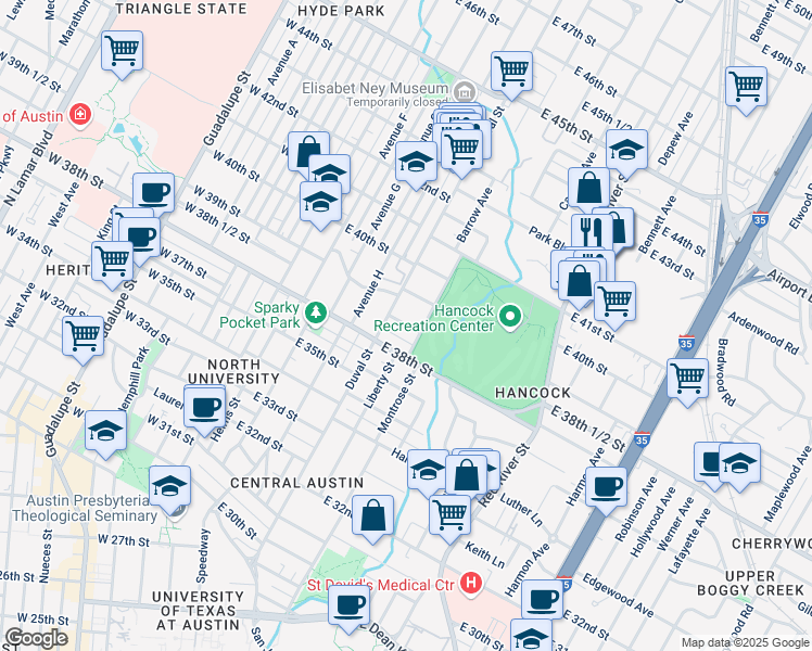 map of restaurants, bars, coffee shops, grocery stores, and more near 3806 Peck Avenue in Austin