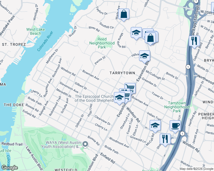 map of restaurants, bars, coffee shops, grocery stores, and more near 3317 Windsor Road in Austin
