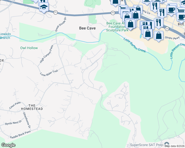 map of restaurants, bars, coffee shops, grocery stores, and more near 12812 Hacienda Ridge in Austin