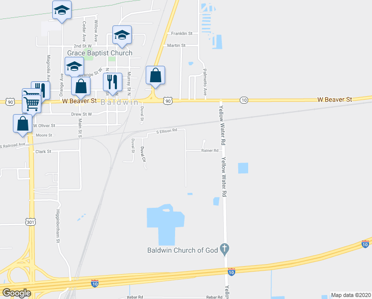 map of restaurants, bars, coffee shops, grocery stores, and more near 399 Ellison Road North in Baldwin