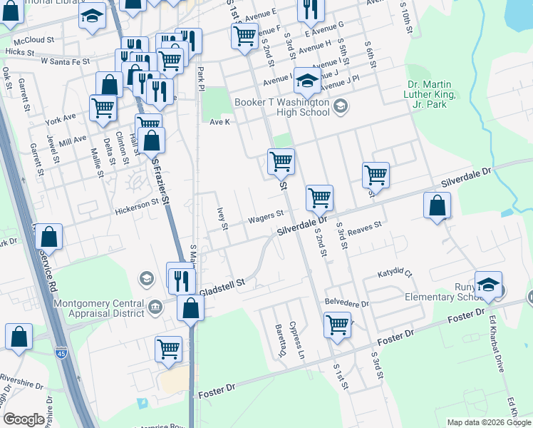 map of restaurants, bars, coffee shops, grocery stores, and more near 302C Silverdale Drive in Conroe