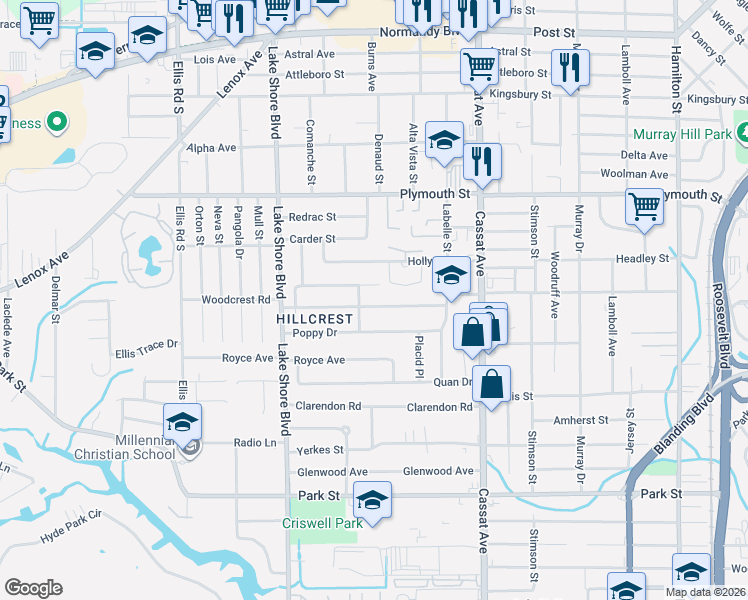 map of restaurants, bars, coffee shops, grocery stores, and more near 5251 Poppy Drive in Jacksonville