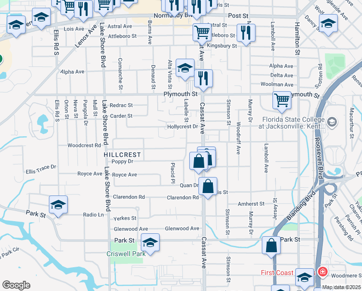 map of restaurants, bars, coffee shops, grocery stores, and more near 5115 Woodcrest Road in Jacksonville