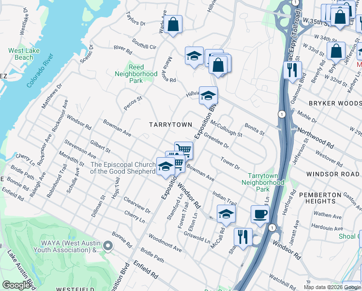 map of restaurants, bars, coffee shops, grocery stores, and more near 2706 Townes Lane in Austin