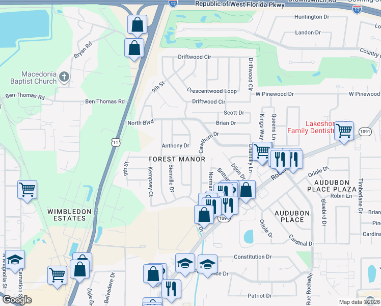 map of restaurants, bars, coffee shops, grocery stores, and more near 122 Lafitte Drive in Slidell