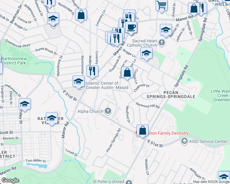 map of restaurants, bars, coffee shops, grocery stores, and more near 2927 Norwood Hill Road in Austin