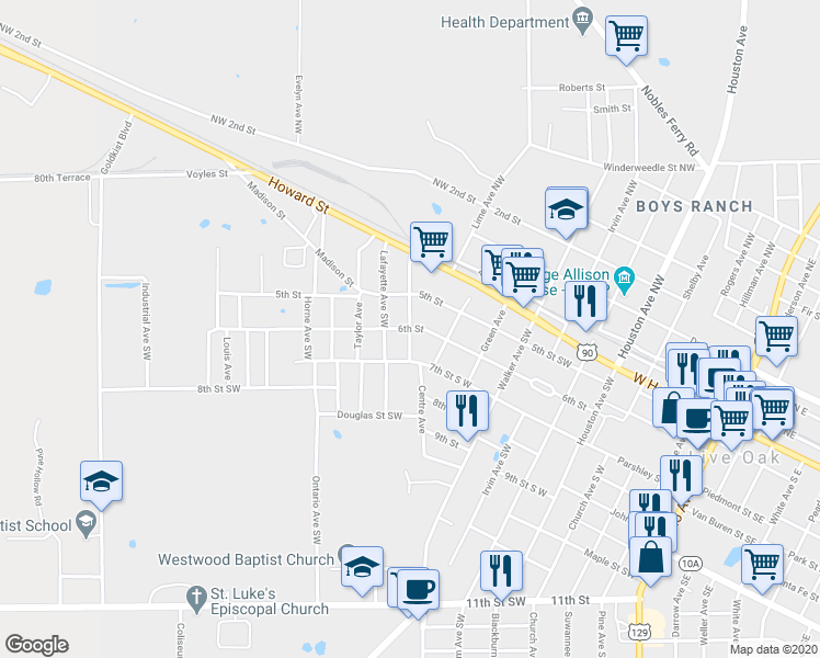 map of restaurants, bars, coffee shops, grocery stores, and more near 6th Street in Live Oak