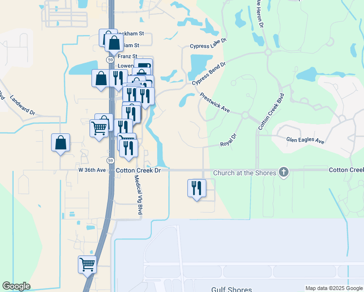 map of restaurants, bars, coffee shops, grocery stores, and more near 267 Royal Drive in Gulf Shores
