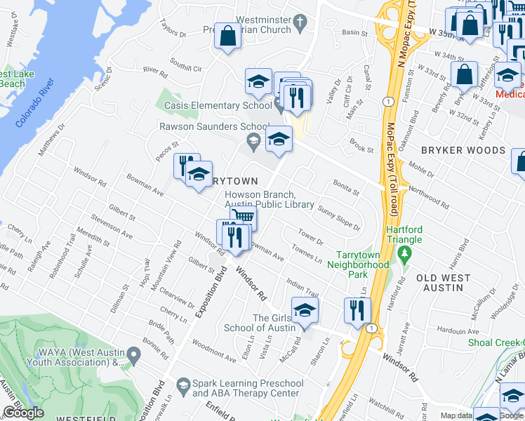 map of restaurants, bars, coffee shops, grocery stores, and more near 2519 Exposition Boulevard in Austin