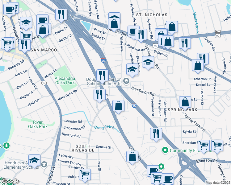map of restaurants, bars, coffee shops, grocery stores, and more near 2976 Willow Street in Jacksonville