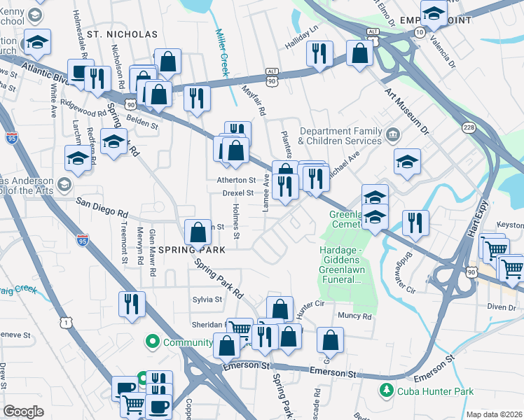 map of restaurants, bars, coffee shops, grocery stores, and more near 3624 Drexel Street in Jacksonville