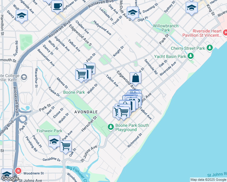 map of restaurants, bars, coffee shops, grocery stores, and more near 3553 Boone Park Avenue in Jacksonville
