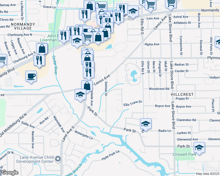 map of restaurants, bars, coffee shops, grocery stores, and more near 5850 Lenox Avenue in Jacksonville